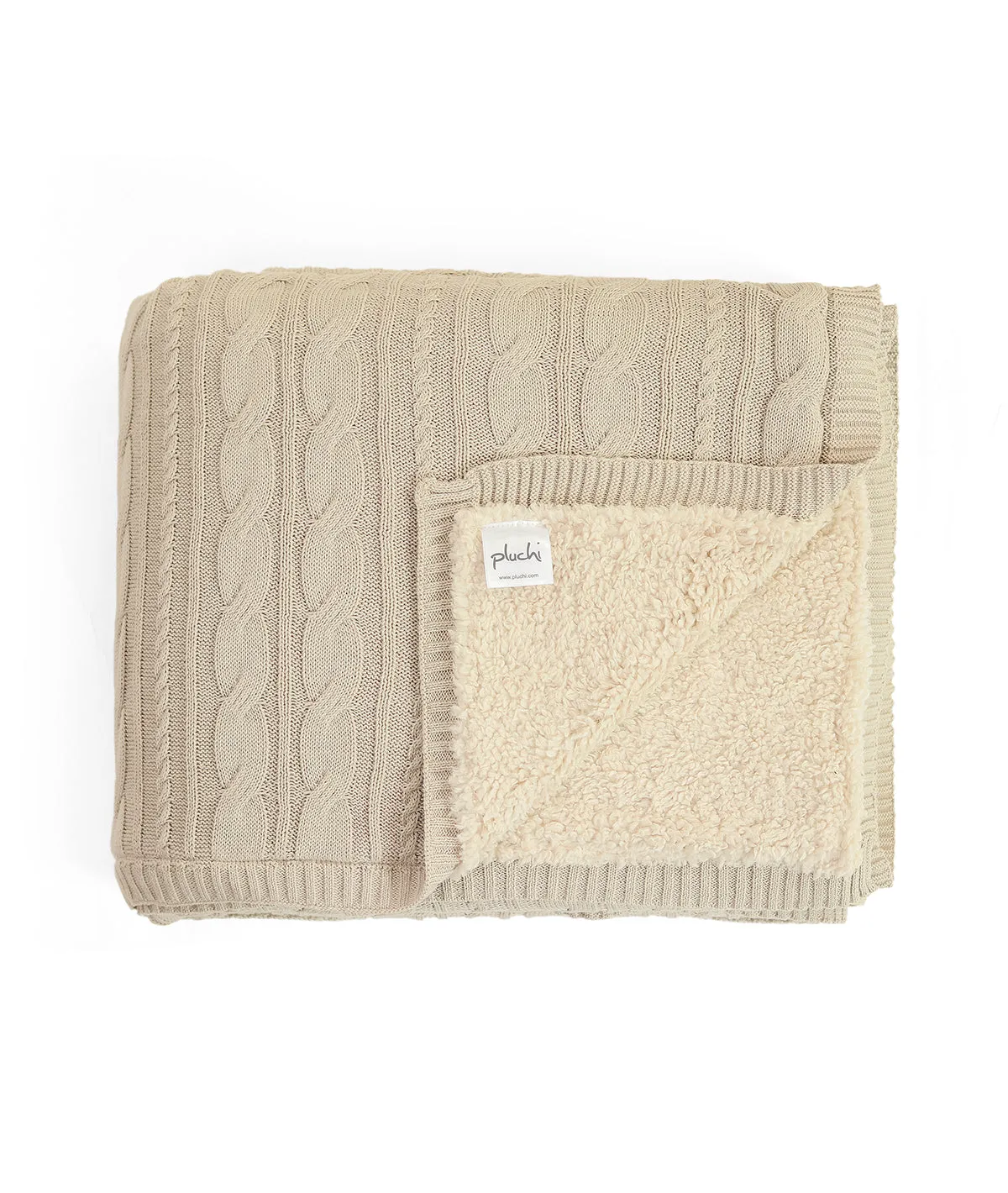 Arch Cable Front Cotton Knitted With Sherpa Back Single Bed Blanket (Pale Whisper)
