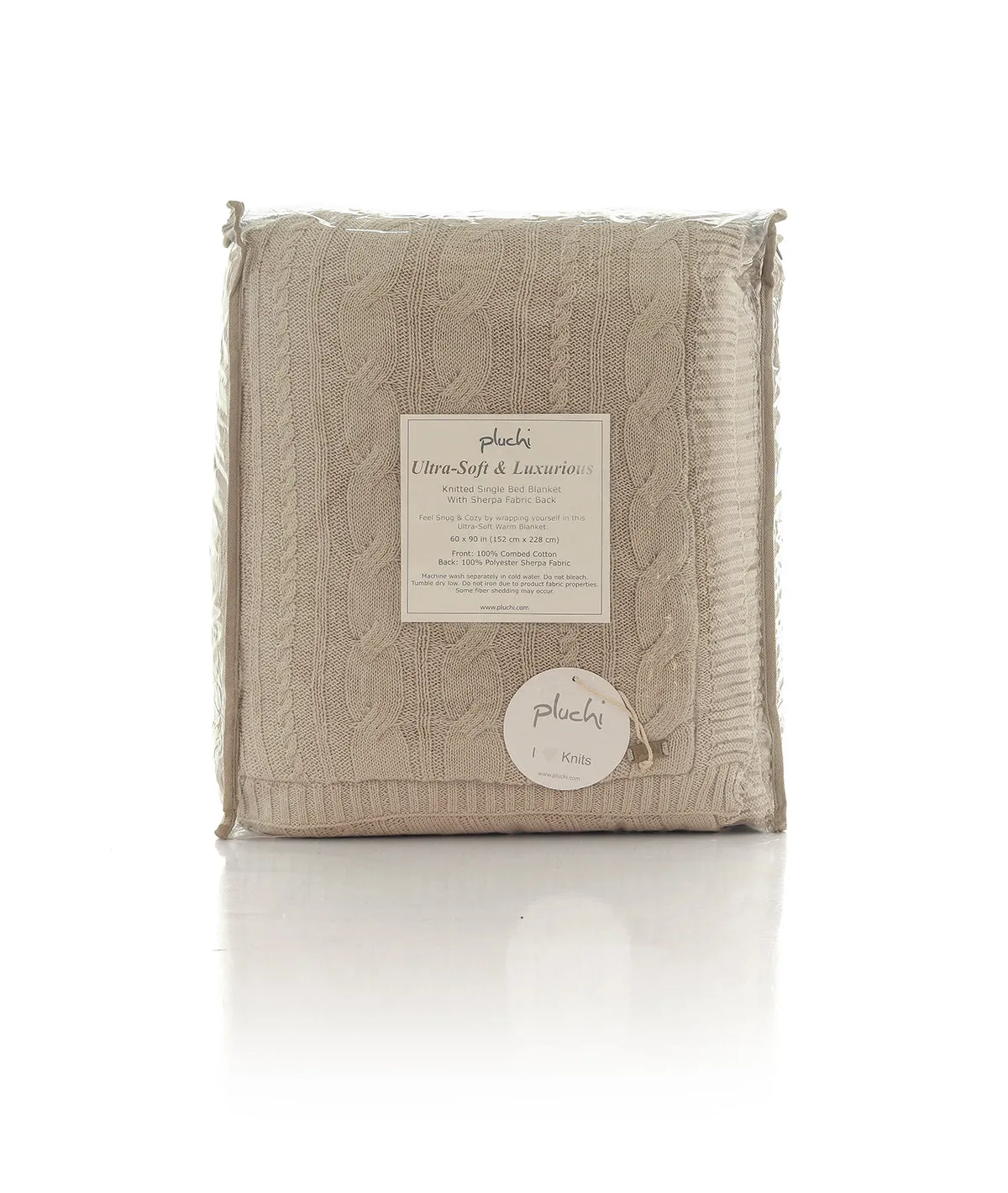 Arch Cable Front Cotton Knitted With Sherpa Back Single Bed Blanket (Pale Whisper)