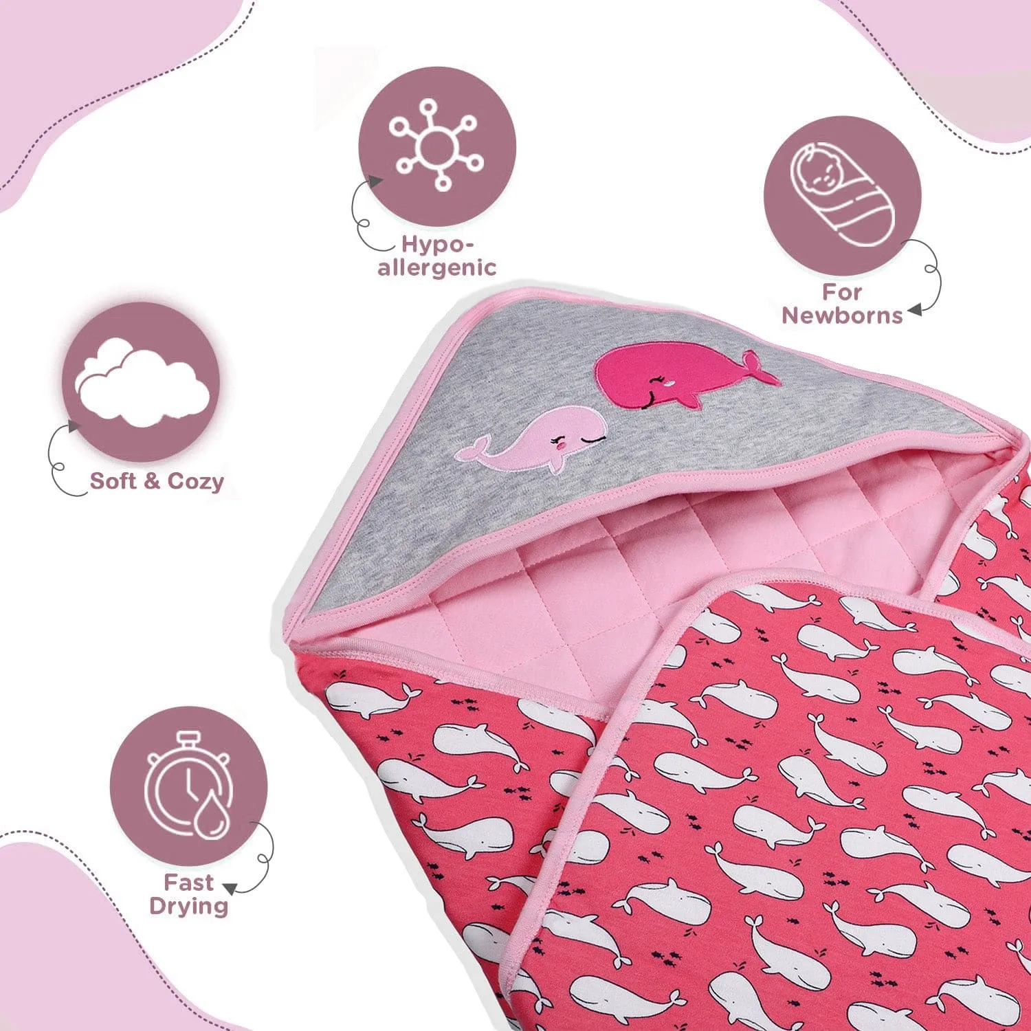 Baby Moo Whale Warm Hooded Quilted Wrapper - Pink