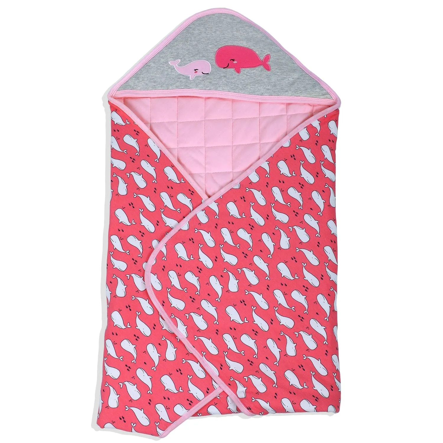 Baby Moo Whale Warm Hooded Quilted Wrapper - Pink