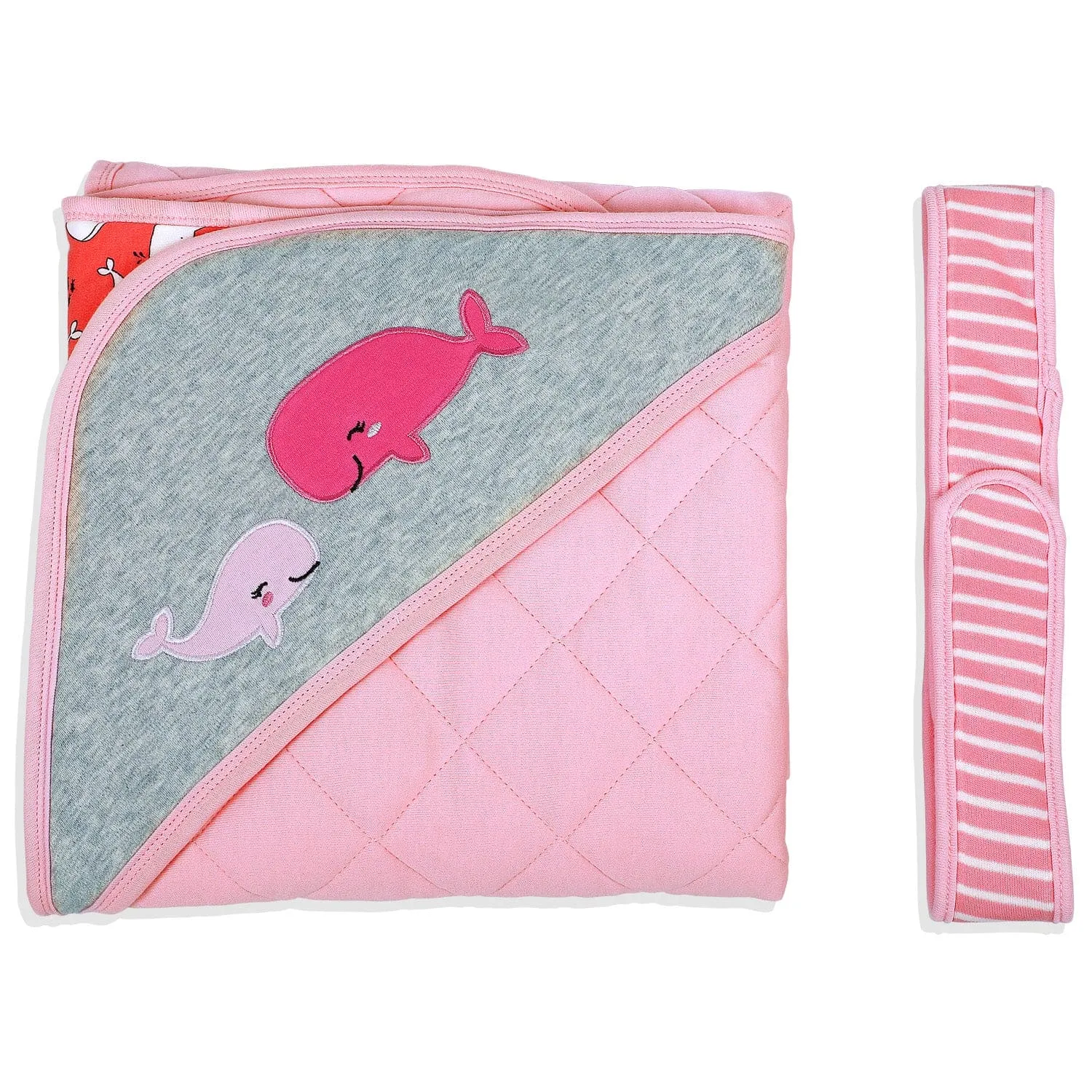 Baby Moo Whale Warm Hooded Quilted Wrapper - Pink