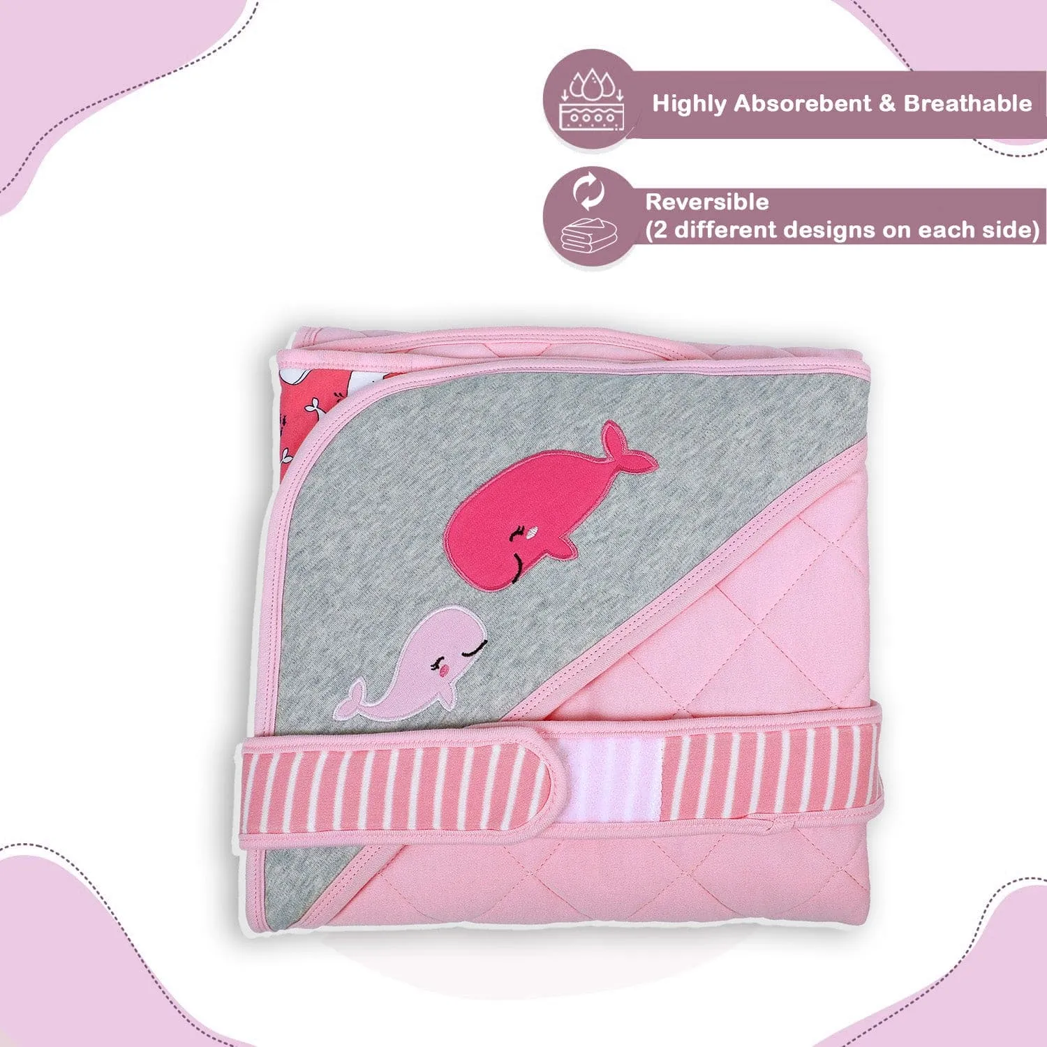 Baby Moo Whale Warm Hooded Quilted Wrapper - Pink