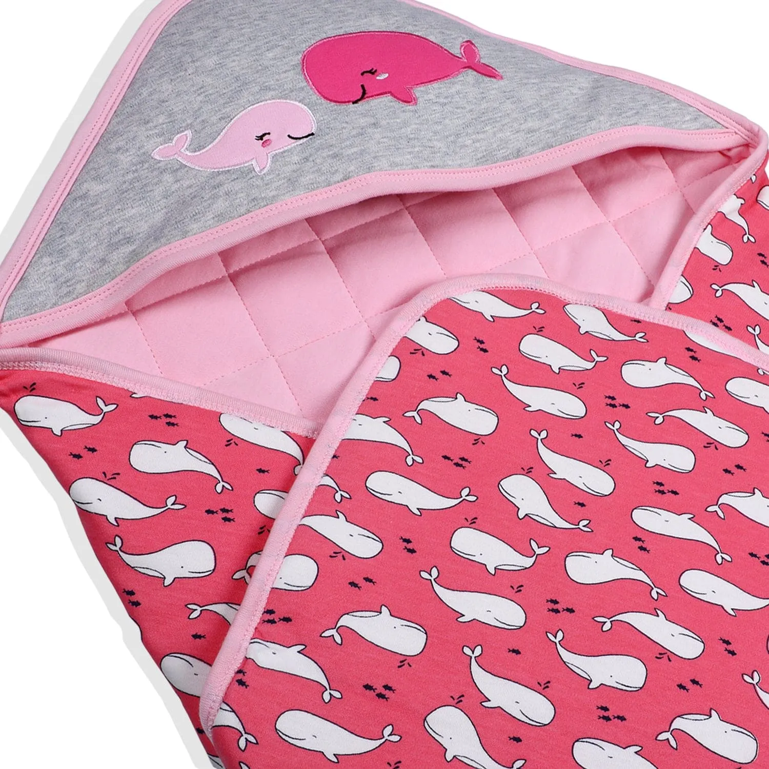 Baby Moo Whale Warm Hooded Quilted Wrapper - Pink