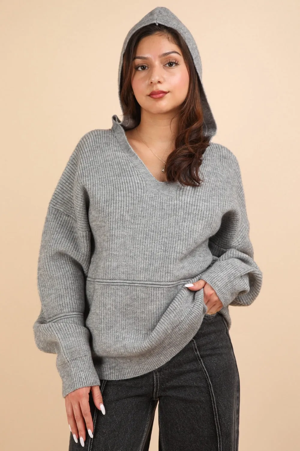 Cozy Oversized Seam Detail Drop Shoulder Hooded Sweater